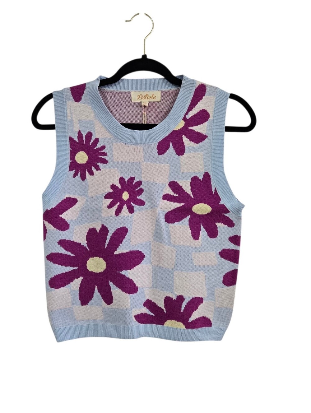 Listicle Floral Knit Cropped Vest Viscose Blend Soft Blue Magenta New M